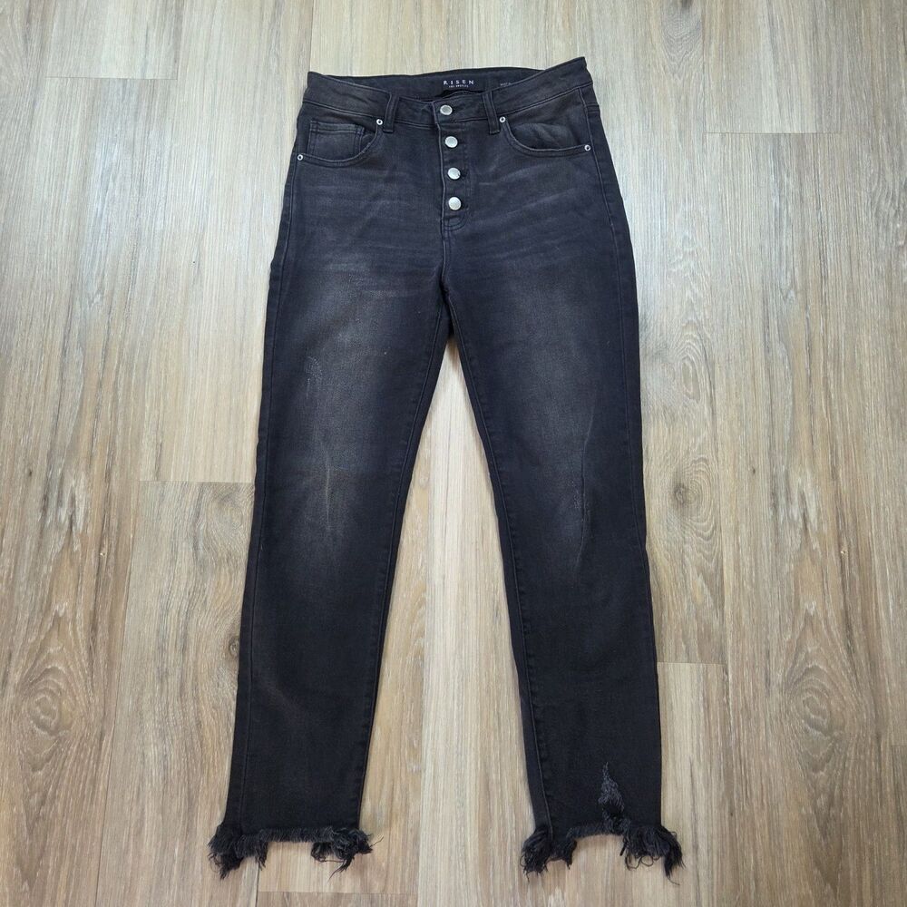 Risen Jeans Womens 30 / 11 Mid Rise Button Fly Raw Hem Skinny Stretch Black